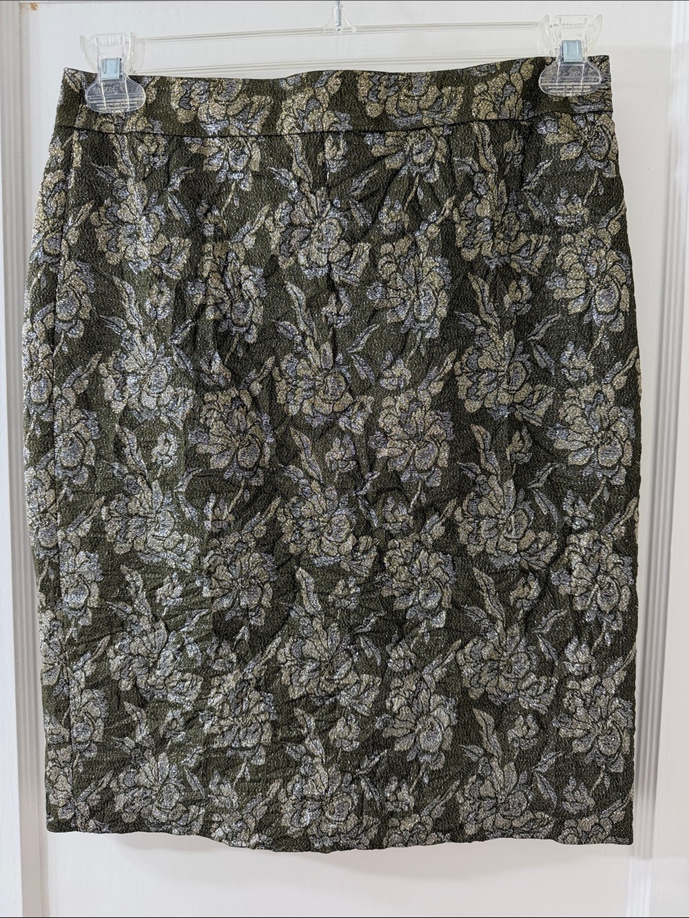 J. Crew Olive and Silver Floral Jacquard Pencil Skirt